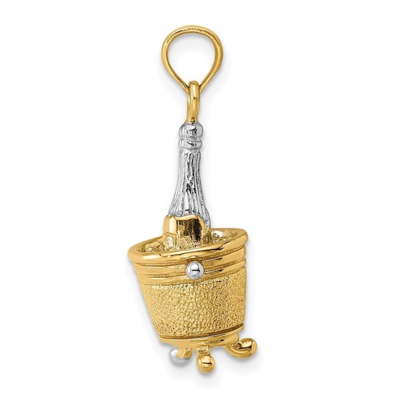 14k Yellow Gold white Rhodium 3-D Champagne Bottle In Ice Bucket Charm Pendant